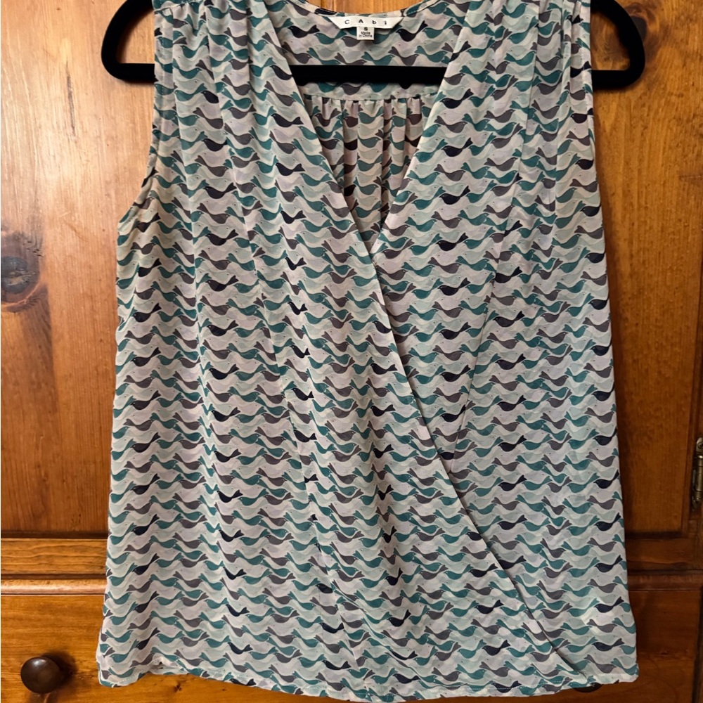 CAbi White and Green Sleeveless Wrap Blouse